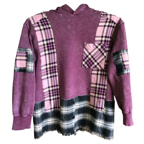 Upcycled Patchwork Hoodie, S-M: Distressed Magenta Grunge Sweater, Campus Style - Picture 3 of 16